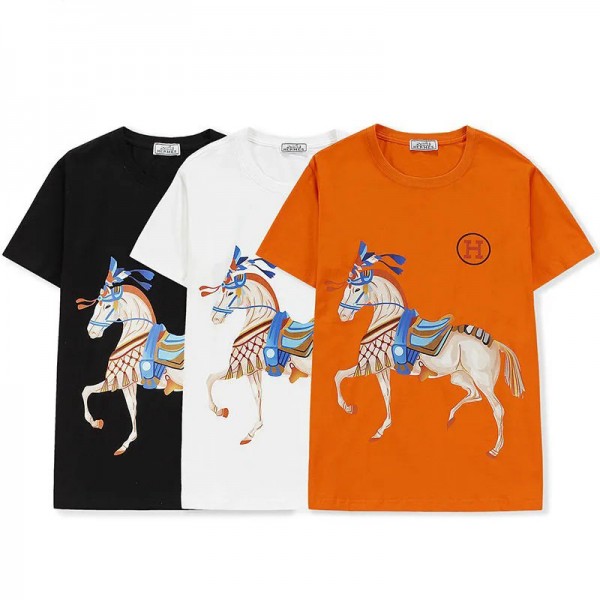 エルメスブランド半袖ｔシャツファッション馬頭絵柄コットン丸首トップス男女兼用 潮流 個性メンズtシャツ夏