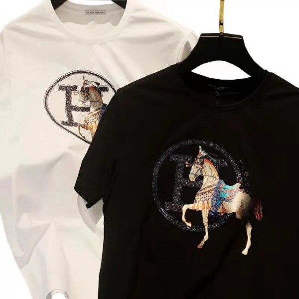 エルメスブランド半袖tシャツメンズファッション経典 戦馬プリントtシャツHermes コットン快適 吸汗T-shirt 柔らかい 肌に優しい シルク tシャツ