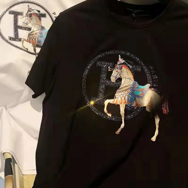 エルメスブランド半袖tシャツメンズファッション経典 戦馬プリントtシャツHermes コットン快適 吸汗T-shirt 柔らかい 肌に優しい シルク tシャツ