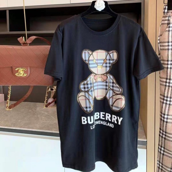 バーバリーブランドtシャツファッション薄い半袖コットン製 トップスゆったりかわいい小熊プリントＴシャツカジュアル黒 白T-Shirt