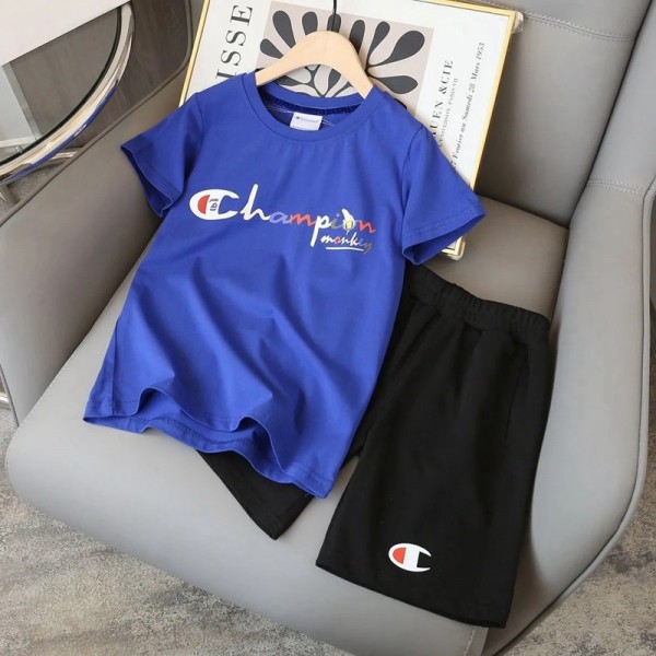 チャンピオンブランド子供服スーツファッション高品質キッズ半袖tシャツ半ズボン上下セット夏 薄手Championロゴ快適 2点セット男 女