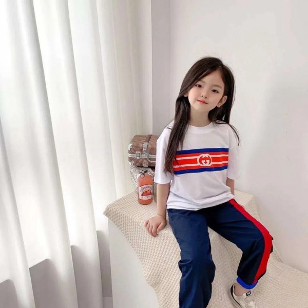 グッチブランド子供服ファッションコットン半袖tシャツ快適ズボン男の子女の子肌に優しい高品質キッズスーツ2点セット