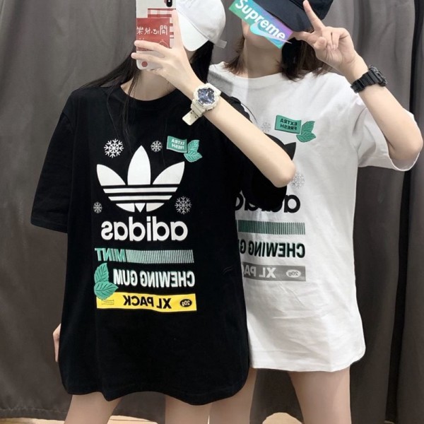 アディダスブランド薄いｔシャツ春夏コットン丸首トップスゆったり雪模様レディース メンズ服ファッション高級感 黒 白Ｔシャツ