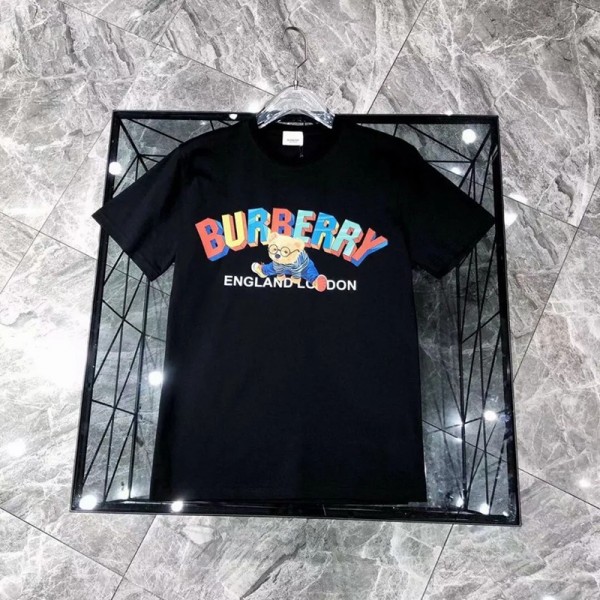 2021夏バーバリーブランドｔシャツ欧米クマ絵柄コットンｔシャツBurberry黒 白 男女 半袖Ｔシャツかわいい若者愛用カップルtシャツ