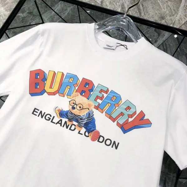 2021夏バーバリーブランドｔシャツ欧米クマ絵柄コットンｔシャツBurberry黒 白 男女 半袖Ｔシャツかわいい若者愛用カップルtシャツ