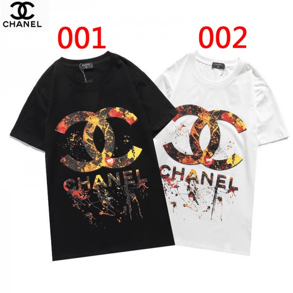 2021シャネル夏Ｔシャツブランド黒 白カップルｔシャツカジュアル丸首 半袖T-shirtかっこいいChanelロゴプリントトップス