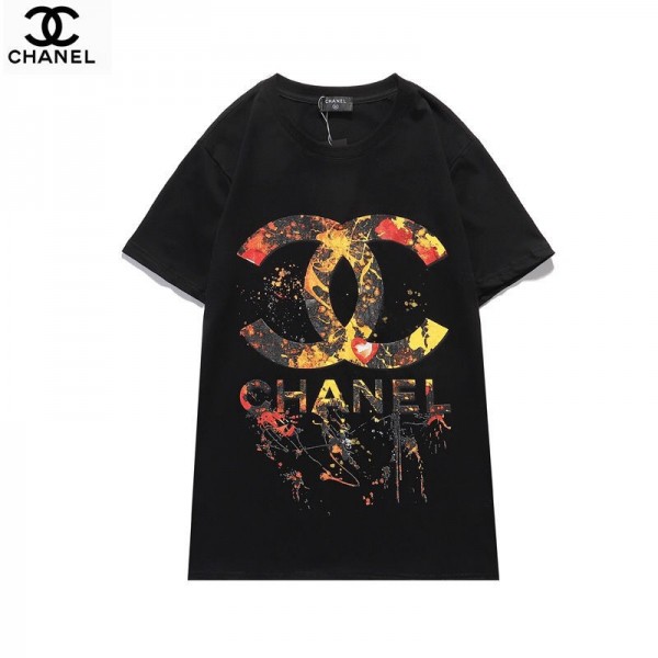 2021シャネル夏Ｔシャツブランド黒 白カップルｔシャツカジュアル丸首 半袖T-shirtかっこいいChanelロゴプリントトップス