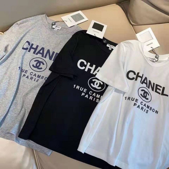 シャネルブランド半袖コットンtシャツChanelロゴプリントカジュアルTシャツラウンドネック人気 黒 白tシャツ 男女兼用