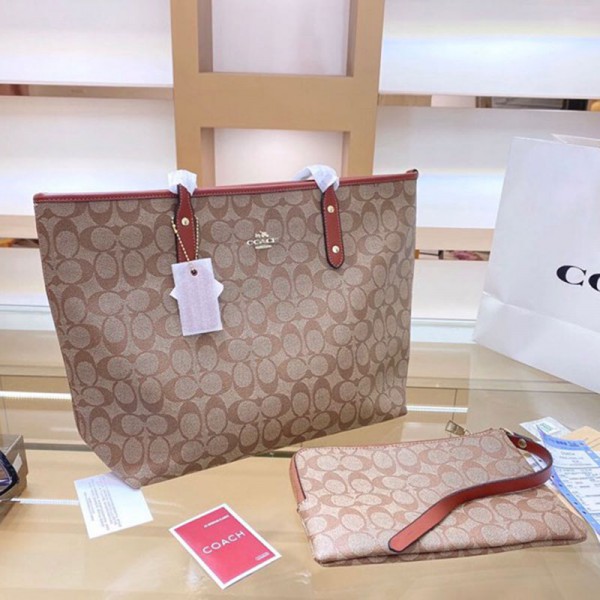 コーチブランド風レディースハンドバッグ大きサイズなファッションバッグ高品質な2点セットカバンCOACH経典ロゴプリントショルダーバッグ