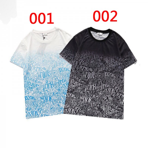 ディオールブランド夏ＴシャツコピーDior丸首半袖 コットンｔシャツかっこいいゆったり男女同型tシャツブランド潮流 韓国風グラデーション満印logoプリント