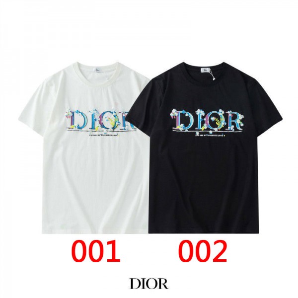 Diorディオール半袖ｔシャツブランドカジュアル丸首コットンＴシャツ男女ゆったり白 黒トップス若者愛用カップルtシャツ