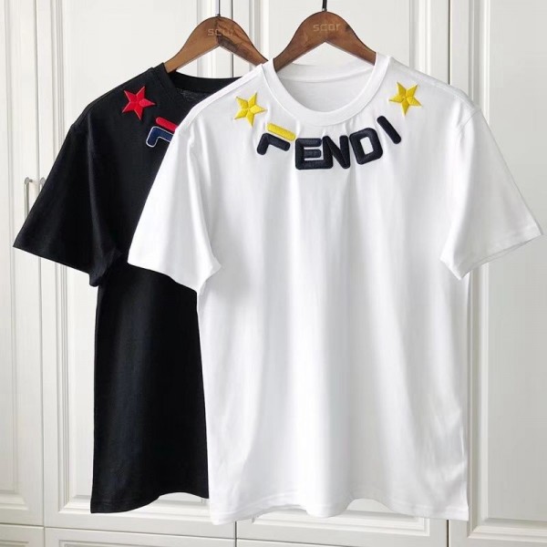 フェンディ/FENDI半袖Ｔシャツブランド コットン黒 白 ゆったりトップスFENDI ロゴ刺繍プリントカップルＴシャツ おしゃれレディース メンズ ブランド 人気夏物 服 