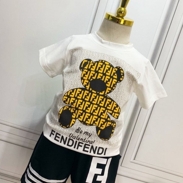 2021夏フェンディ子供服ブランド半袖ｔシャツハーフズボンスーツ子供の男女コットン製上下セットかわいいクマ柄プリントＴシャツ