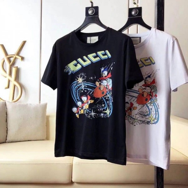 グッチTシャツブランド半袖カジュアル春夏T-shirtコピーGucciドナルドダック絵柄トップス黒 白カップルおすすめ