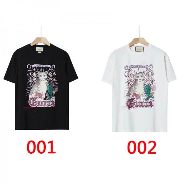 ハイブランドグッチｔシャツ春夏コットントップスカジュアル男女兼用 半袖tシャツGucciかわいいネコ絵柄T-shirt