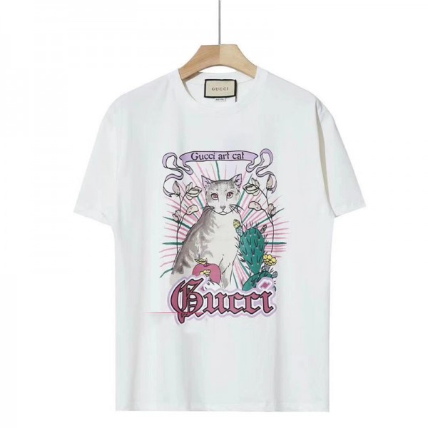 ハイブランドグッチｔシャツ春夏コットントップスカジュアル男女兼用 半袖tシャツGucciかわいいネコ絵柄T-shirt