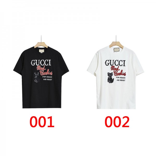 グッチブランド風Tシャツ丸首 半袖の夏コットンｔシャツGucci刺繍ロゴins潮牌 夏物 服 レディースメンズブランド 人気 黒 白かわいいねこ模様Ｔ―shirt