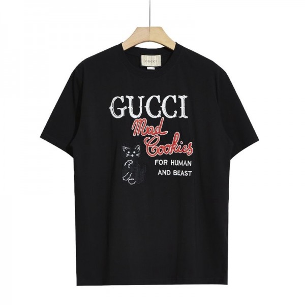 グッチブランド風Tシャツ丸首 半袖の夏コットンｔシャツGucci刺繍ロゴins潮牌 夏物 服 レディースメンズブランド 人気 黒 白かわいいねこ模様Ｔ―shirt