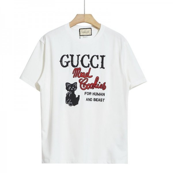 グッチブランド風Tシャツ丸首 半袖の夏コットンｔシャツGucci刺繍ロゴins潮牌 夏物 服 レディースメンズブランド 人気 黒 白かわいいねこ模様Ｔ―shirt