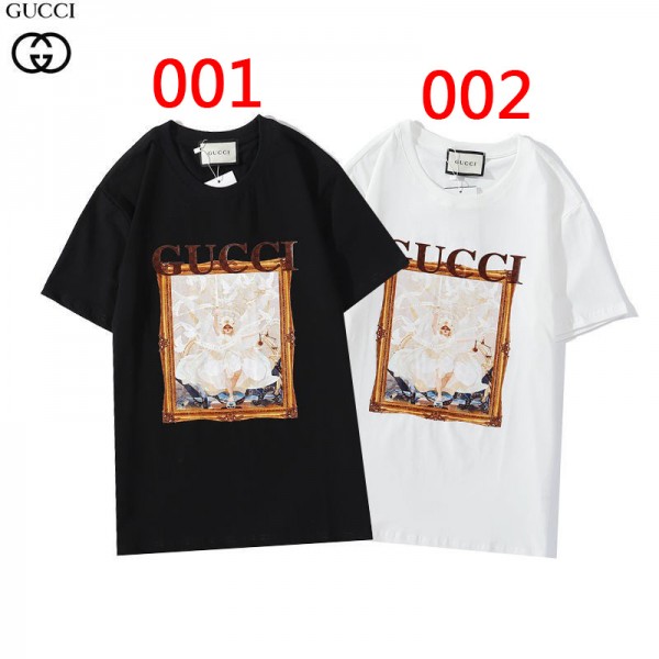 グッチ2021新品ｔシャツブランドエンジェル油絵プリントT-shirt男女同型コットン半袖Ｔシャツおしゃれ白黒 カジュアル丸首トップス