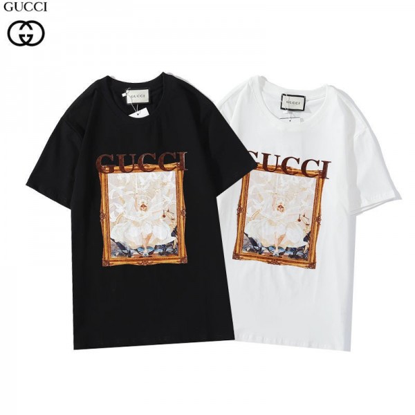 グッチ2021新品ｔシャツブランドエンジェル油絵プリントT-shirt男女同型コットン半袖Ｔシャツおしゃれ白黒 カジュアル丸首トップス