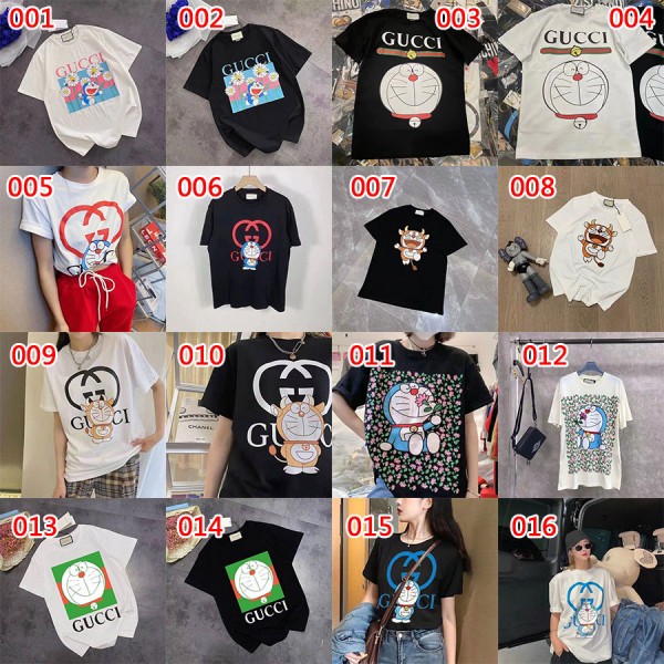 Gucciグッチブランド半袖ｔシャツかわいいドラえもん丸首ｔシャツ男女ゆったりT-shirt ポコニャン絵柄 純綿Ｔシャツ