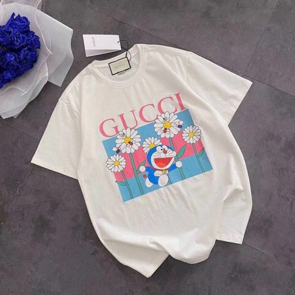 Gucciグッチブランド半袖ｔシャツかわいいドラえもん丸首ｔシャツ男女ゆったりT-shirt ポコニャン絵柄 純綿Ｔシャツ