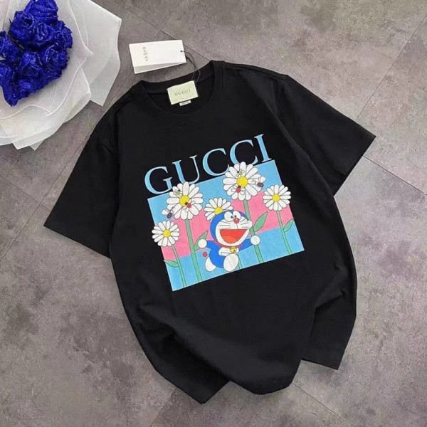 Gucciグッチブランド半袖ｔシャツかわいいドラえもん丸首ｔシャツ男女ゆったりT-shirt ポコニャン絵柄 純綿Ｔシャツ