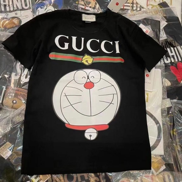 Gucciグッチブランド半袖ｔシャツかわいいドラえもん丸首ｔシャツ男女ゆったりT-shirt ポコニャン絵柄 純綿Ｔシャツ