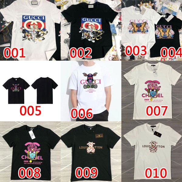 2021春夏グッチ半袖ｔシャツブランドパロディ風 シャネルカジュアルジェンダーレスｔシャツLVかっこいい ins カップルコットン丸首トップス