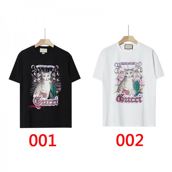 2021グッチブランドかわいい猫プリント半袖ｔシャツレディースおしゃれ丸首トップスカジュアルメンズコットン部屋服 若者愛用