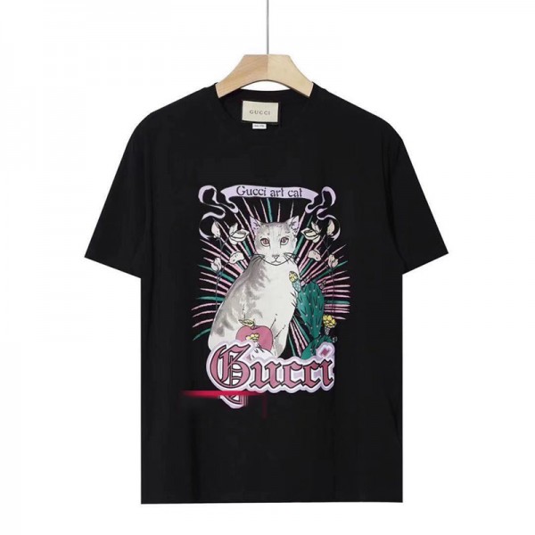 2021グッチブランドかわいい猫プリント半袖ｔシャツレディースおしゃれ丸首トップスカジュアルメンズコットン部屋服 若者愛用