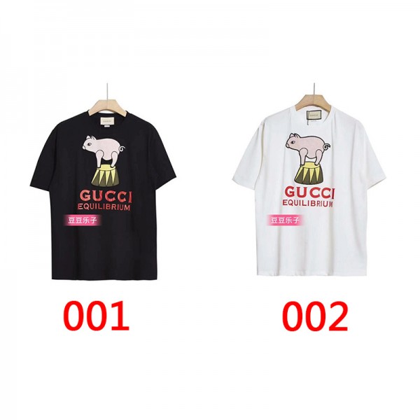 グッチ半袖ｔシャツ2021春夏 薄いゆったりＴシャツ豚柄モノグラムプリントＴシャツカジュアル男女兼用コットンT-shirtブランド