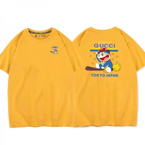 夏グッチ半袖ｔシャツハイブランド丸首かわいいドラえもんカップルｔシャツコットンカジュアル快適なジェンダーレスＴシャツ