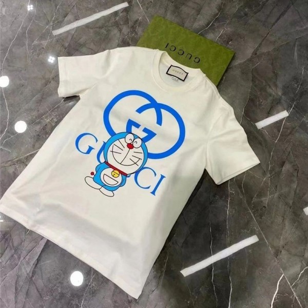 グッチブランドかわいいドラえもん柄ｔシャツ夏 半袖コットンtシャツ丸首ゆったりファッションtシャツ男女兼用