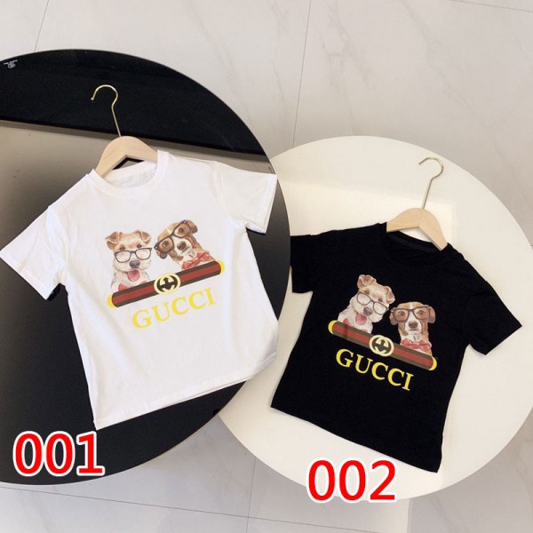 グッチブランド親子ｔシャツ半袖かわいいイヌ絵柄T-shirtカジュアル子供服Gucci定番トップス男女兼用 子供服ジェンダーレス親子服