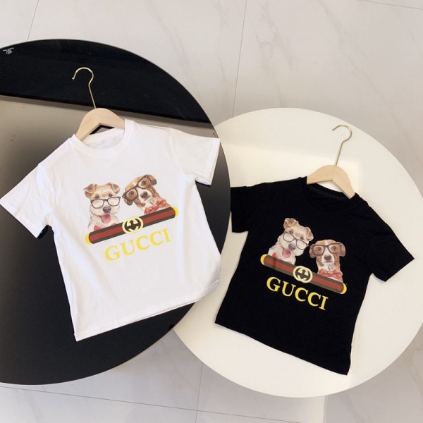 グッチブランド親子ｔシャツ半袖かわいいイヌ絵柄T-shirtカジュアル子供服Gucci定番トップス男女兼用 子供服ジェンダーレス親子服