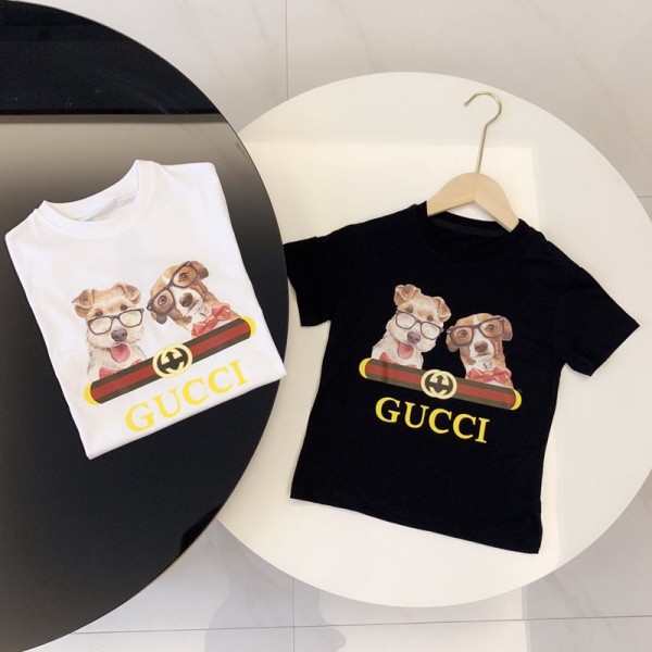 グッチブランド親子ｔシャツ半袖かわいいイヌ絵柄T-shirtカジュアル子供服Gucci定番トップス男女兼用 子供服ジェンダーレス親子服