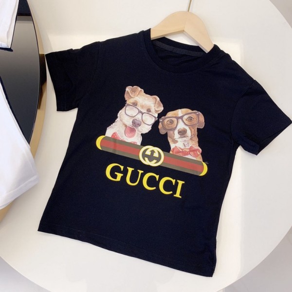 グッチブランド親子ｔシャツ半袖かわいいイヌ絵柄T-shirtカジュアル子供服Gucci定番トップス男女兼用 子供服ジェンダーレス親子服