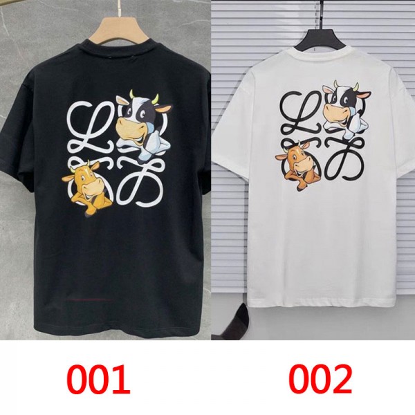 ロエベLoewe半袖Tシャツブランドファッション黒白コットンｔシャツシンプルうし絵柄かわいいトップス若者愛用 ストリートｔシャツ