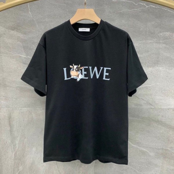 ロエベLoewe半袖Tシャツブランドファッション黒白コットンｔシャツシンプルうし絵柄かわいいトップス若者愛用 ストリートｔシャツ