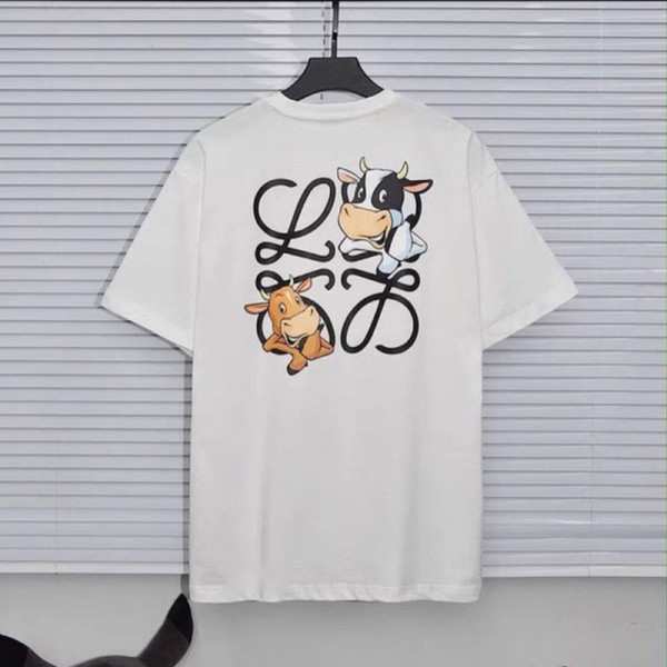 ロエベLoewe半袖Tシャツブランドファッション黒白コットンｔシャツシンプルうし絵柄かわいいトップス若者愛用 ストリートｔシャツ