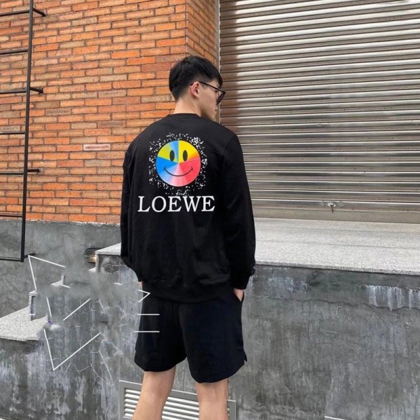 ロエベブランドパーカー秋冬服 笑顔の模様コットン製 トップスおしゃれ気質パーカーloeweロゴプリント裏起毛トレーナー暖かい