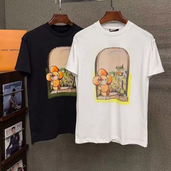 ルイヴィトンブランド半袖ｔシャツレディースかわいいLV経典人形柄プリントＴシャツメンズゆったりとカジュアルコットンＴシャツ夏物 服 