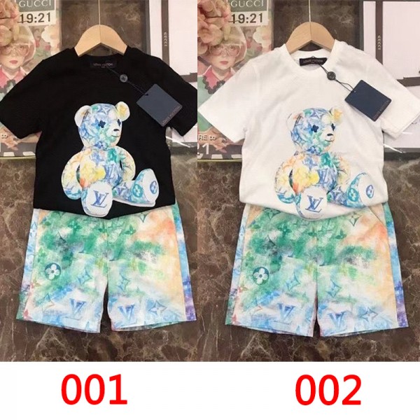 2021夏ルイヴィトン子供服 上下セットブランドコットン半袖ｔシャツハーフズボンかわいいクマ柄キッズスーツ男女兼用