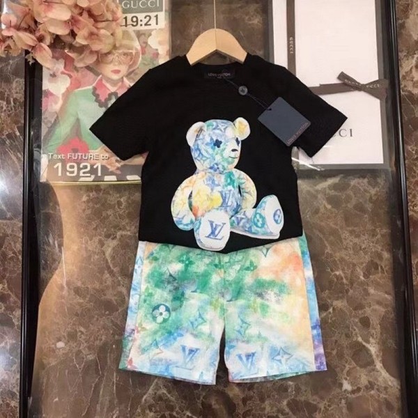 2021夏ルイヴィトン子供服 上下セットブランドコットン半袖ｔシャツハーフズボンかわいいクマ柄キッズスーツ男女兼用