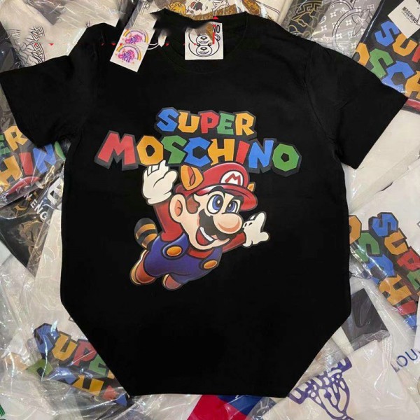 シュプリームブランド可愛いスーパーマリープリントｔシャツモスキーノコットン丸襟カジュアルｔシャツファッション半袖