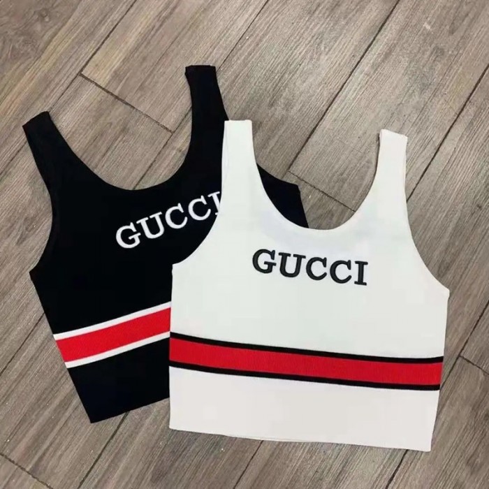 グッチブランドレディースベストファッション着瘦せコーディネートベストgucci 刺繍ロゴ黒白赤い 縞模様キャミソール