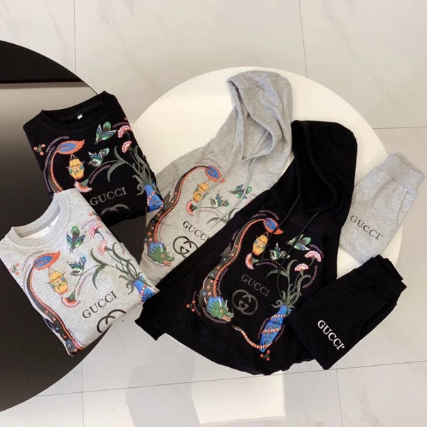 Gucciグッチ 子供服 キッズ 上下2点セット 長袖パーカー長ズボン 女の子 男の子 ジュニア人気 綿 通園 通学  運動会 春秋ゆったりスウェットウェア 上着 トップス パンツ ズボン ブランド