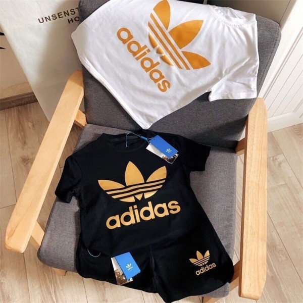 Adidas アディダス ブランド 子供服 Tシャツ ハーフパンツ 2点セット ファッション 潮流 定番ロゴ 半袖 Tシャツ 半ズボン スーツ 100 - 160cm